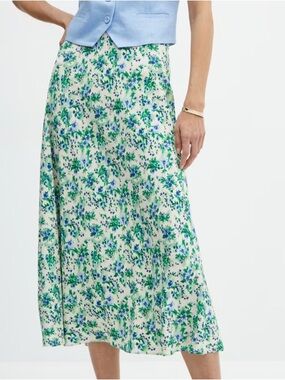 Mango Cream Midi Skirt with Green & Blue Floral Print